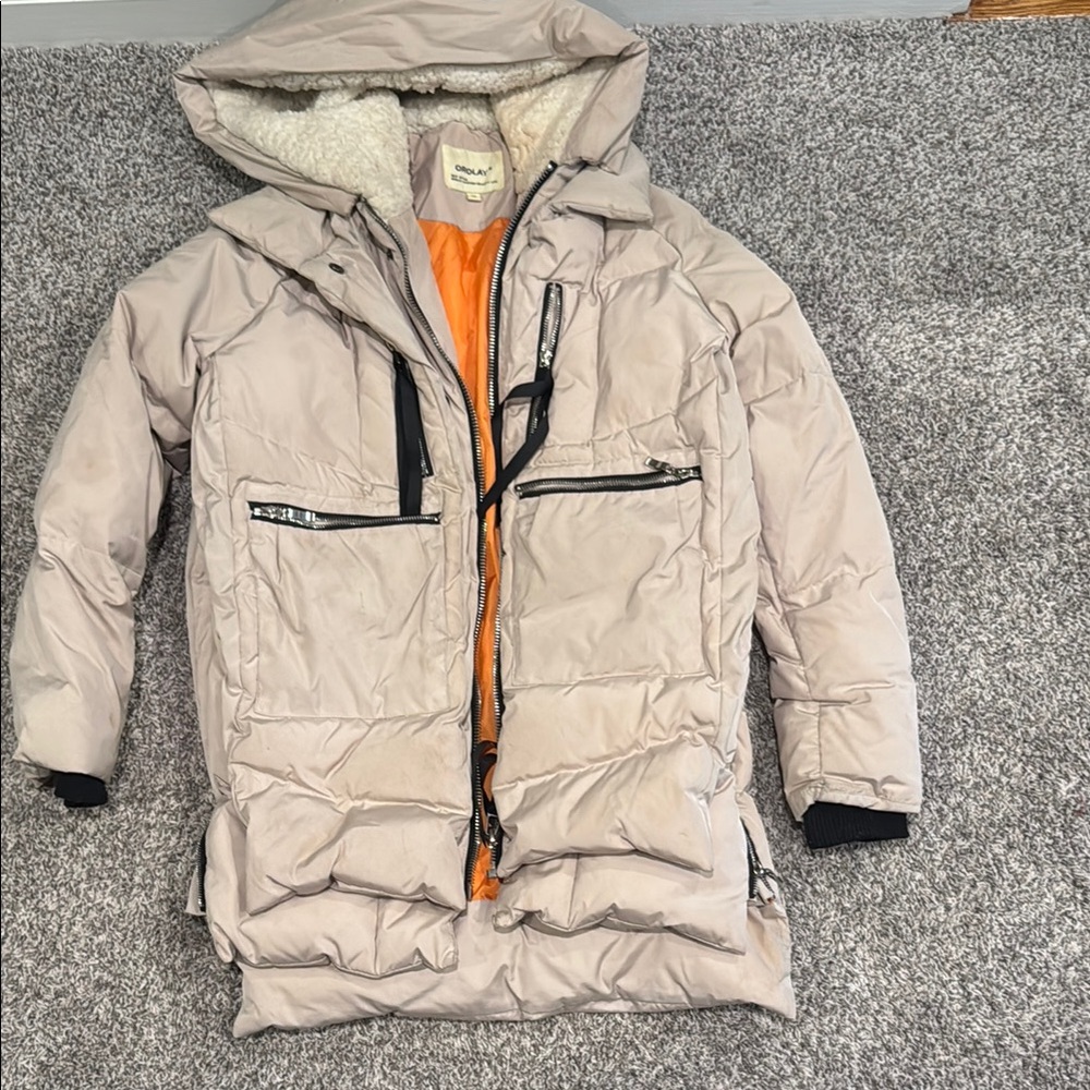 Tan and Orange Puffer Jacket with Stand-up Collar